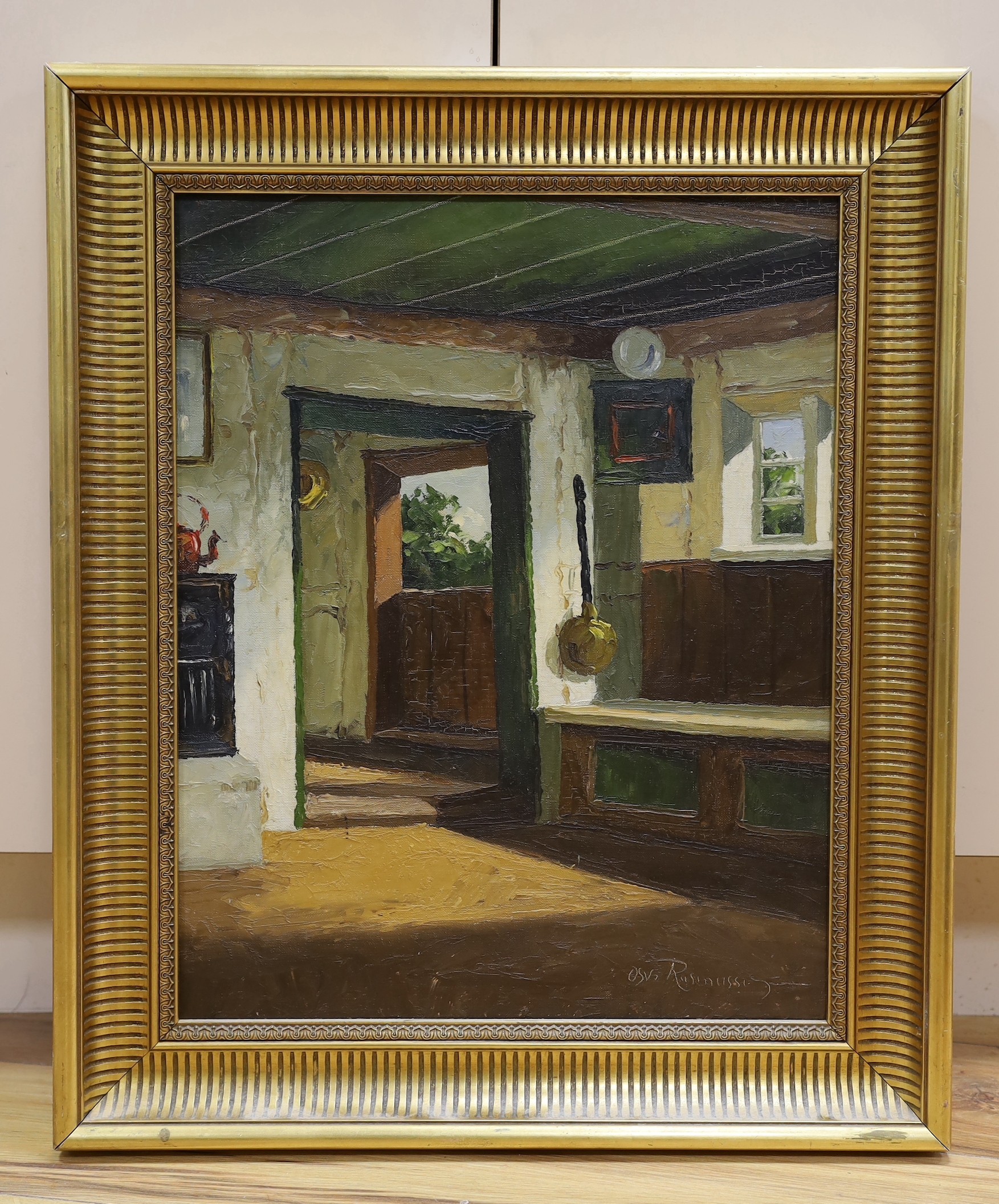 O. Rasmussen, oil on canvas, Cottage interior, signed, 49 x 39cm